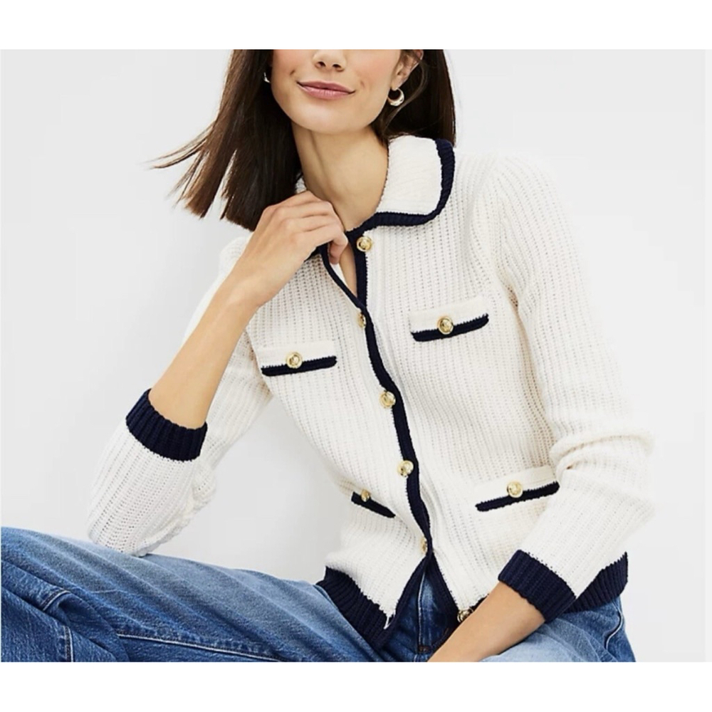 Loft Tipped Ribbed Sweater Jacket White Navy Gold Buttons Size Large Cardigan